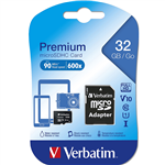 VERBATIM PREMIUM MICROSDHC MEMORY CARD WITH ADAPTER UHSI V10 U1 CLASS 10 32GB
