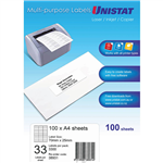 UNISTAT 38931 MULTIPURPOSE LABEL 33UP 70 X 25MM WHITE PACK 100