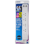 JACKSON POWERBOARD SURGE PROTECTED 4 OUTLET 2 USB OUTLETS 1M WHITE
