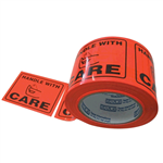 STYLUS PRINTED PACKAGING LABELS HANDLE WITH CARE 75 X 50MM FLUORO ROLL 500