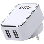 KLIK DUAL PORT USB 15W WALL CHARGER WHITE